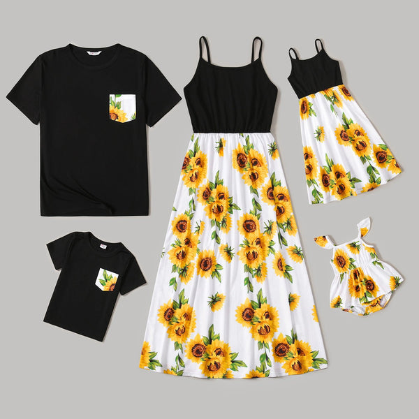 Family Matching Solid Spaghetti Strap Splicing Sunflower Floral Print Dresses and Short-sleeve T-shirts Sets - 20350328