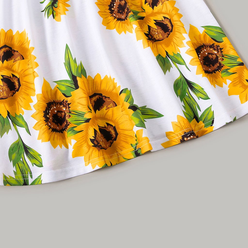 Family Matching Solid Spaghetti Strap Splicing Sunflower Floral Print Dresses and Short-sleeve T-shirts Sets - 20350328