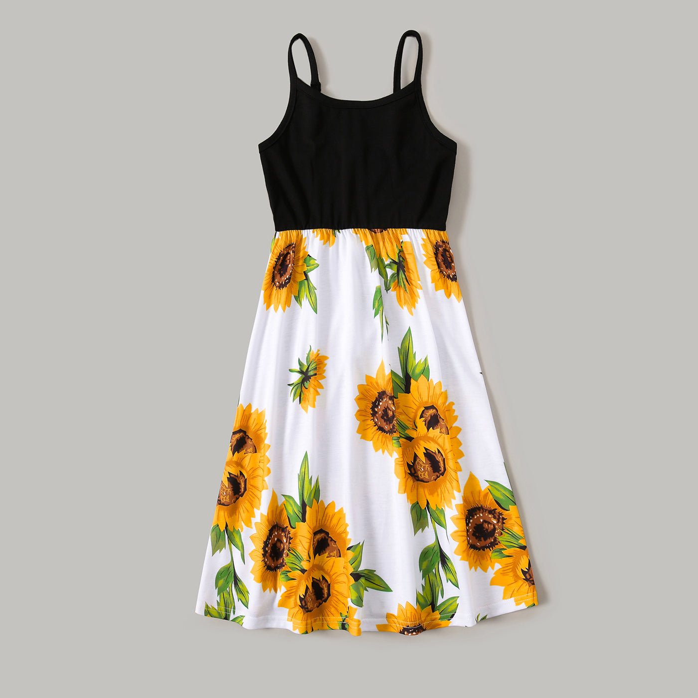 Family Matching Solid Spaghetti Strap Splicing Sunflower Floral Print Dresses and Short-sleeve T-shirts Sets - 20350328