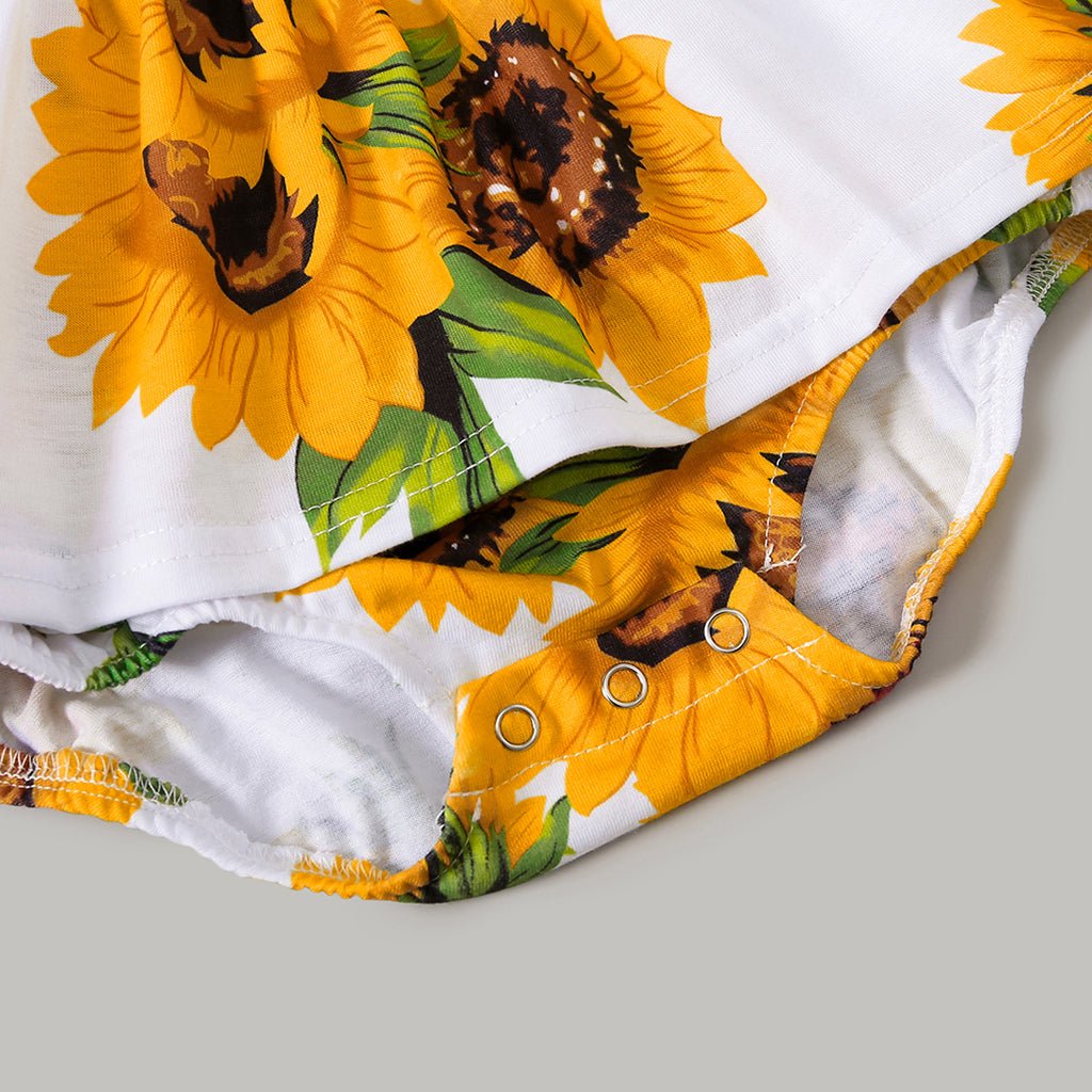 Family Matching Solid Spaghetti Strap Splicing Sunflower Floral Print Dresses and Short-sleeve T-shirts Sets - 20350328