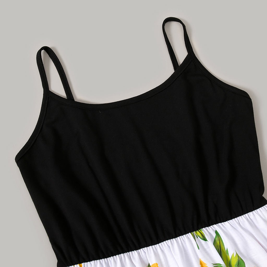 Family Matching Solid Spaghetti Strap Splicing Sunflower Floral Print Dresses and Short-sleeve T-shirts Sets - 20350328