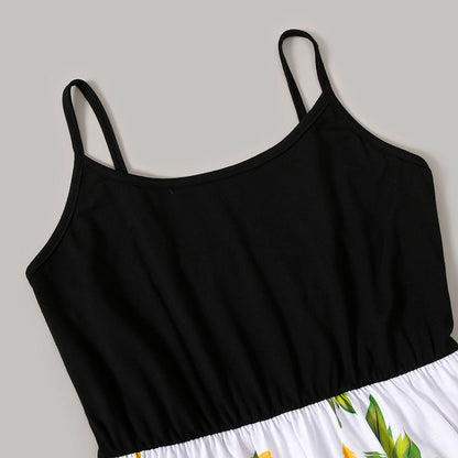 Family Matching Solid Spaghetti Strap Splicing Sunflower Floral Print Dresses and Short-sleeve T-shirts Sets - 20350328