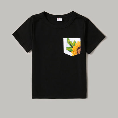 Family Matching Solid Spaghetti Strap Splicing Sunflower Floral Print Dresses and Short-sleeve T-shirts Sets - 20350328