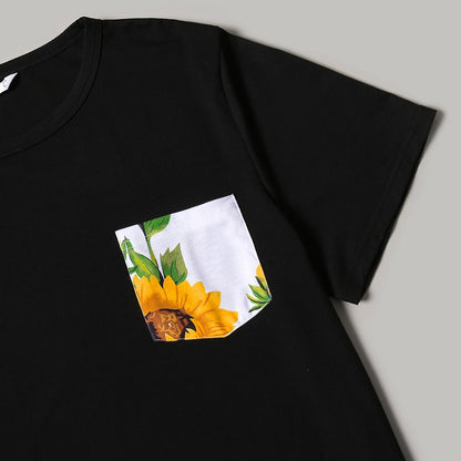 Family Matching Solid Spaghetti Strap Splicing Sunflower Floral Print Dresses and Short-sleeve T-shirts Sets - 20350328