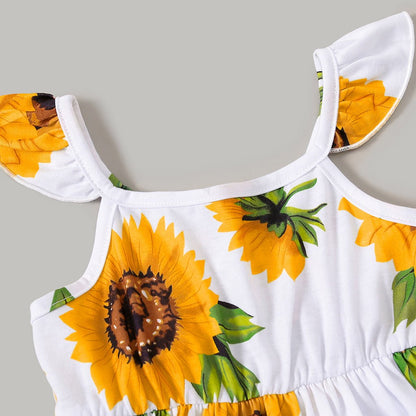 Family Matching Solid Spaghetti Strap Splicing Sunflower Floral Print Dresses and Short-sleeve T-shirts Sets - 20350328