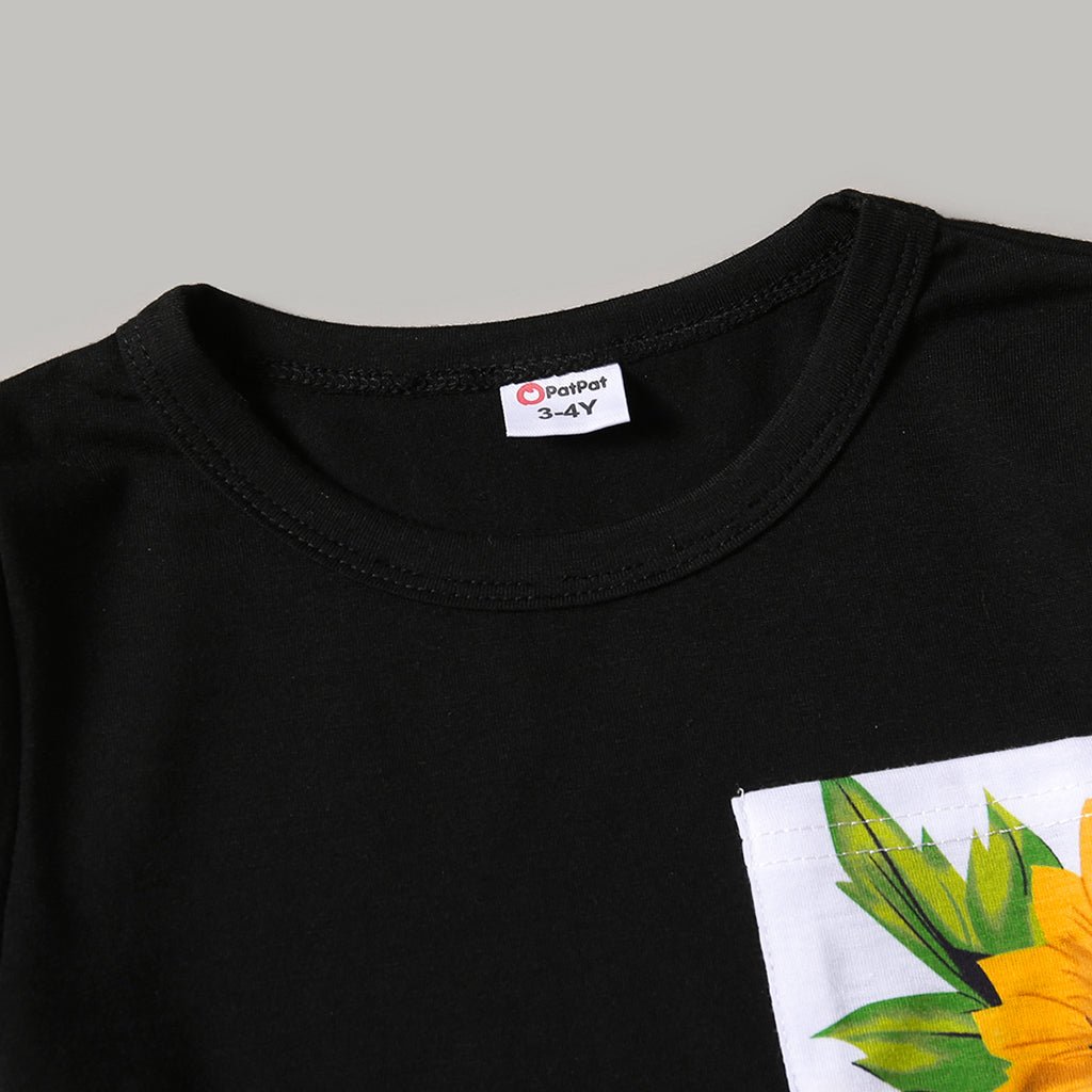 Family Matching Solid Spaghetti Strap Splicing Sunflower Floral Print Dresses and Short-sleeve T-shirts Sets - 20350328