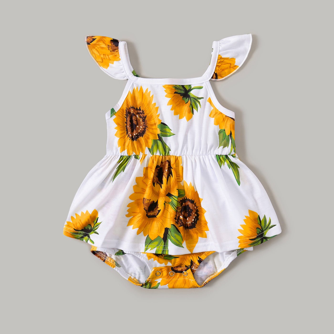 Family Matching Solid Spaghetti Strap Splicing Sunflower Floral Print Dresses and Short-sleeve T-shirts Sets - 20350328