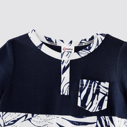 Family Matching Solid Splicing Plant Print Sleeveless Midi Dresses and Short-sleeve T-shirts Sets - 20403214