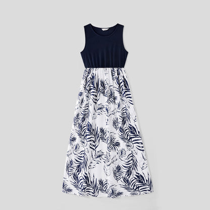 Family Matching Solid Splicing Plant Print Sleeveless Midi Dresses and Short-sleeve T-shirts Sets - 20403214