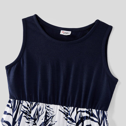 Family Matching Solid Splicing Plant Print Sleeveless Midi Dresses and Short-sleeve T-shirts Sets - 20403214
