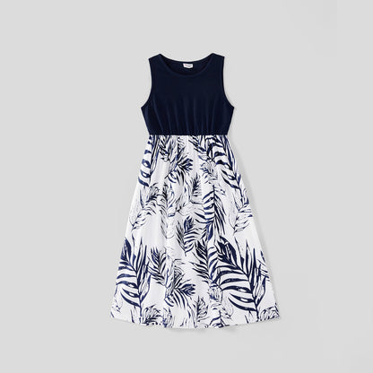Family Matching Solid Splicing Plant Print Sleeveless Midi Dresses and Short-sleeve T-shirts Sets - 20403214