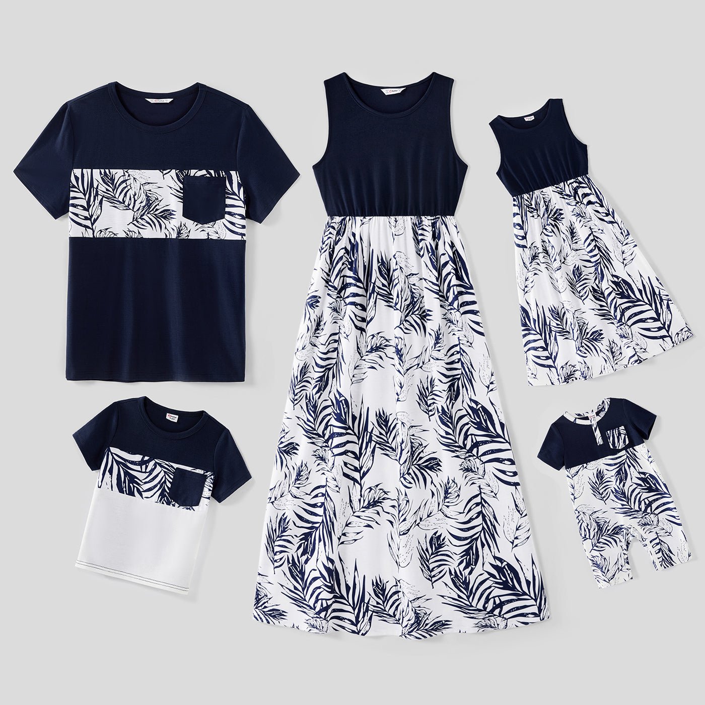 Family Matching Solid Splicing Plant Print Sleeveless Midi Dresses and Short-sleeve T-shirts Sets - 20403214