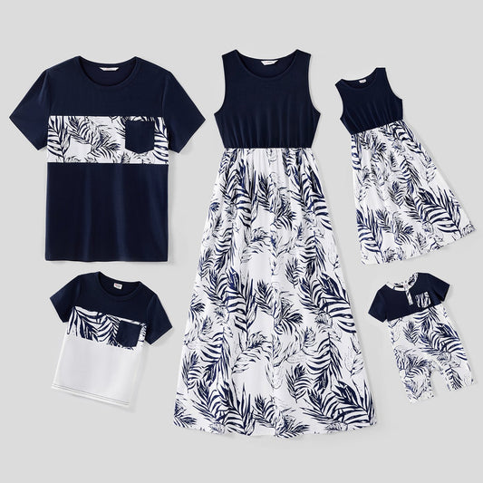 Family Matching Solid Splicing Plant Print Sleeveless Midi Dresses and Short-sleeve T-shirts Sets - 20403214