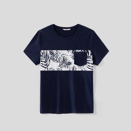 Family Matching Solid Splicing Plant Print Sleeveless Midi Dresses and Short-sleeve T-shirts Sets - 20403214