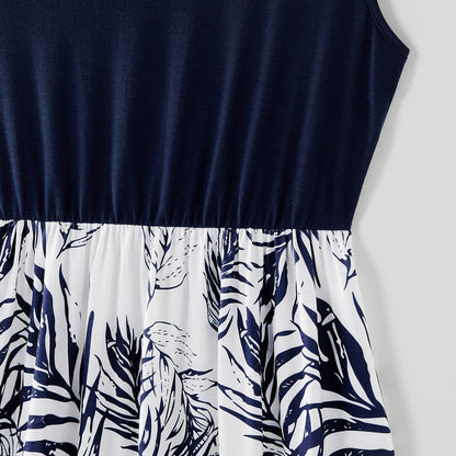 Family Matching Solid Splicing Plant Print Sleeveless Midi Dresses and Short-sleeve T-shirts Sets - 20403214