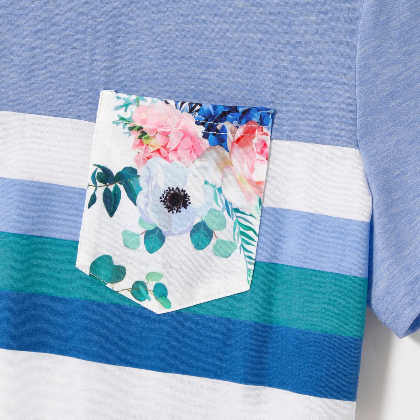 Family Matching Solid Surplice Neck Ruffle-sleeve Spliced Floral Print High Low Hem Dresses and Short-sleeve Striped Colorblock T-shirts Sets - 20550074