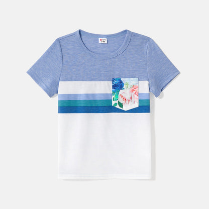 Family Matching Solid Surplice Neck Ruffle-sleeve Spliced Floral Print High Low Hem Dresses and Short-sleeve Striped Colorblock T-shirts Sets - 20550074