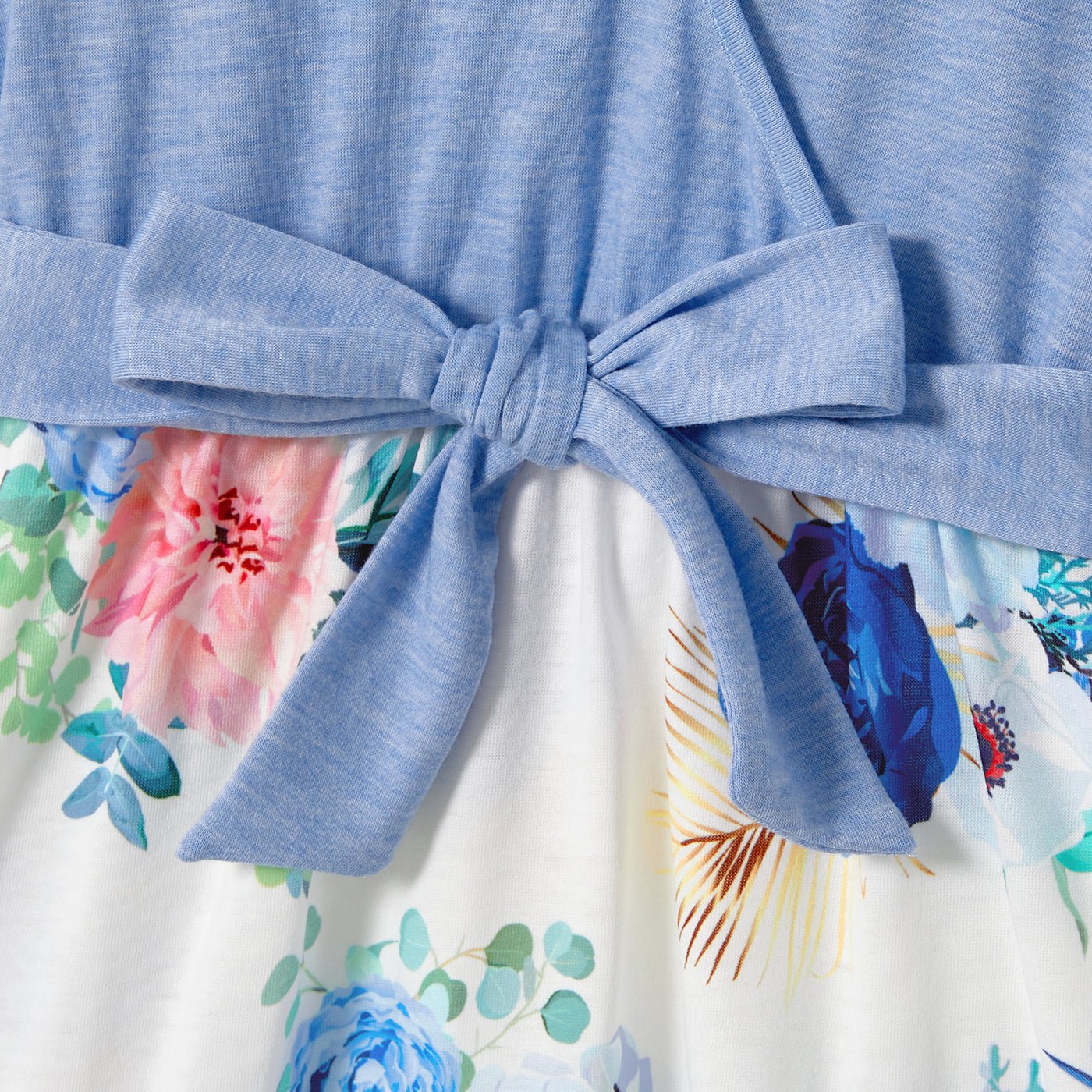 Family Matching Solid Surplice Neck Ruffle-sleeve Spliced Floral Print High Low Hem Dresses and Short-sleeve Striped Colorblock T-shirts Sets - 20550074