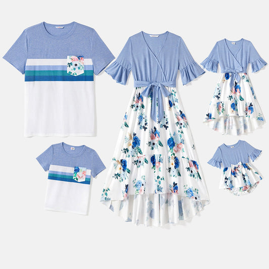 Family Matching Solid Surplice Neck Ruffle-sleeve Spliced Floral Print High Low Hem Dresses and Short-sleeve Striped Colorblock T-shirts Sets - 20550074