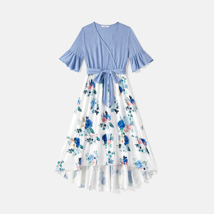 Family Matching Solid Surplice Neck Ruffle-sleeve Spliced Floral Print High Low Hem Dresses and Short-sleeve Striped Colorblock T-shirts Sets - 20550074