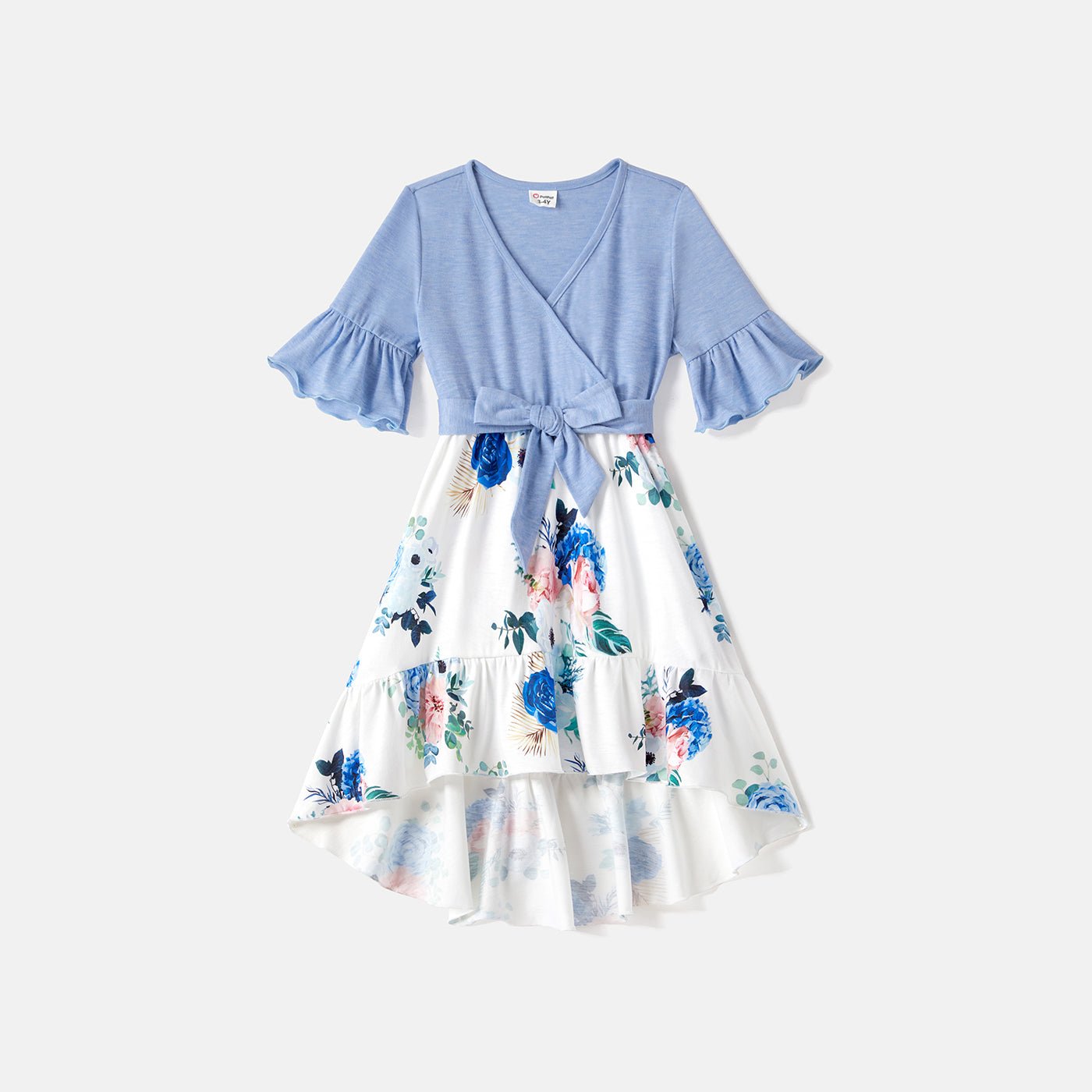Family Matching Solid Surplice Neck Ruffle-sleeve Spliced Floral Print High Low Hem Dresses and Short-sleeve Striped Colorblock T-shirts Sets - 20550074