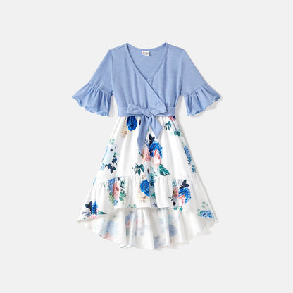 Family Matching Solid Surplice Neck Ruffle-sleeve Spliced Floral Print High Low Hem Dresses and Short-sleeve Striped Colorblock T-shirts Sets - 20550074