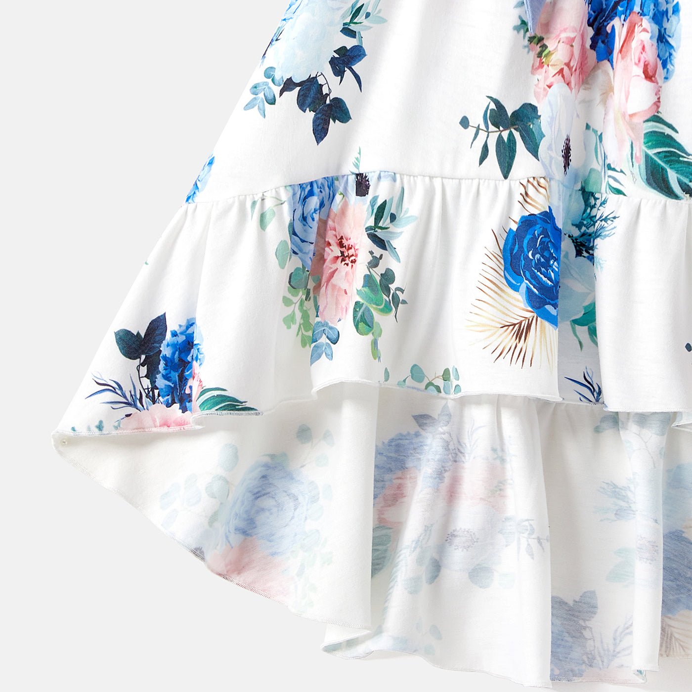 Family Matching Solid Surplice Neck Ruffle-sleeve Spliced Floral Print High Low Hem Dresses and Short-sleeve Striped Colorblock T-shirts Sets - 20550074