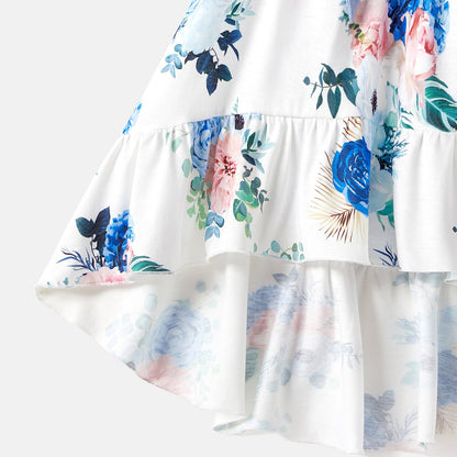 Family Matching Solid Surplice Neck Ruffle-sleeve Spliced Floral Print High Low Hem Dresses and Short-sleeve Striped Colorblock T-shirts Sets - 20550074