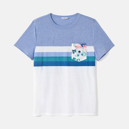 Family Matching Solid Surplice Neck Ruffle-sleeve Spliced Floral Print High Low Hem Dresses and Short-sleeve Striped Colorblock T-shirts Sets - 20550074