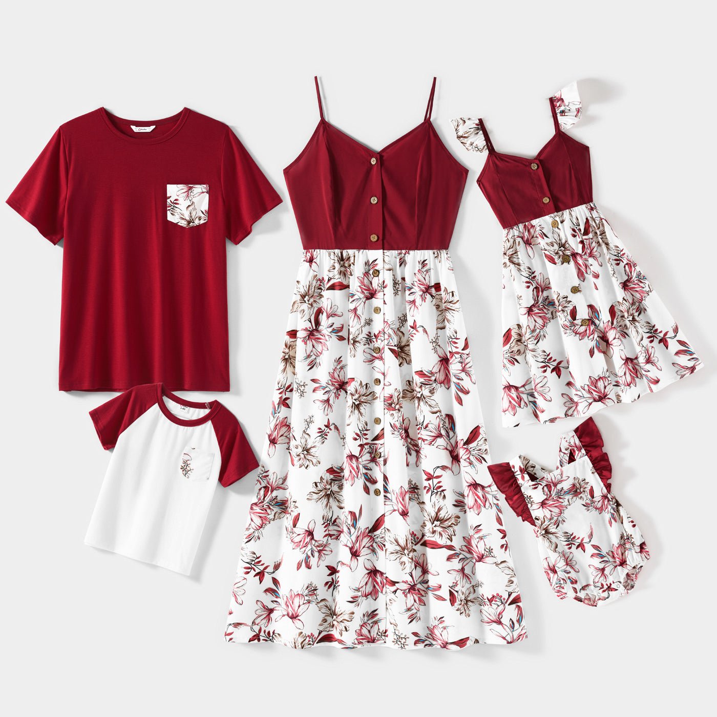 Family Matching Solid V Neck Button Up Spaghetti Strap Splicing Floral Print Dresses and Short-sleeve T-shirts Sets - 20330844