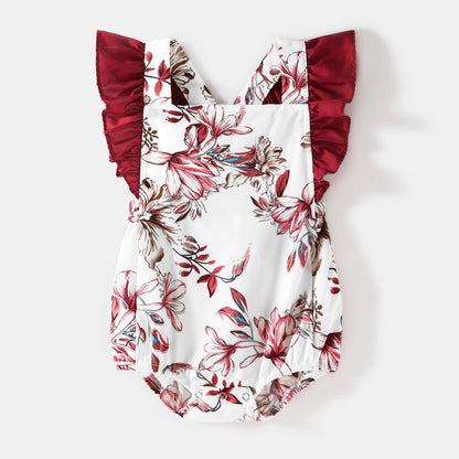 Family Matching Solid V Neck Button Up Spaghetti Strap Splicing Floral Print Dresses and Short-sleeve T-shirts Sets - 20330844