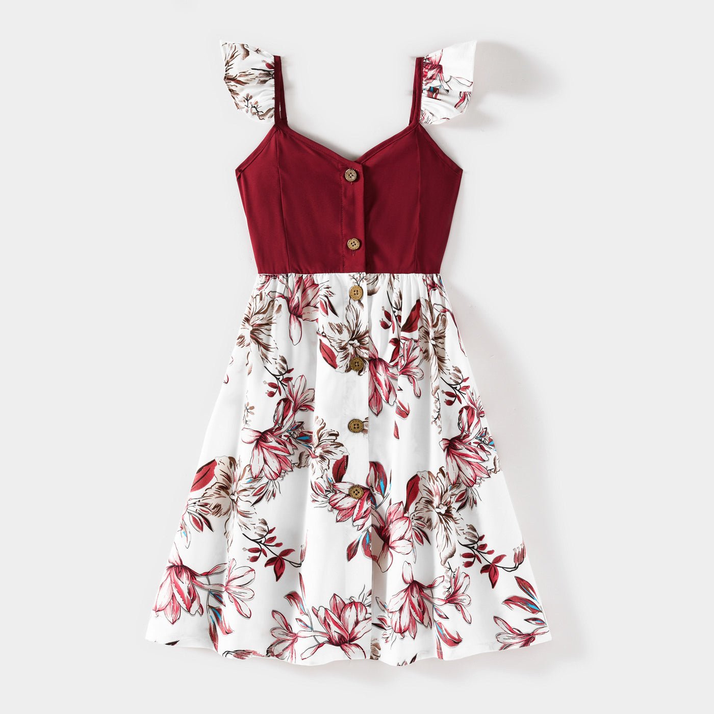 Family Matching Solid V Neck Button Up Spaghetti Strap Splicing Floral Print Dresses and Short-sleeve T-shirts Sets - 20330844