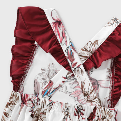 Family Matching Solid V Neck Button Up Spaghetti Strap Splicing Floral Print Dresses and Short-sleeve T-shirts Sets - 20330844