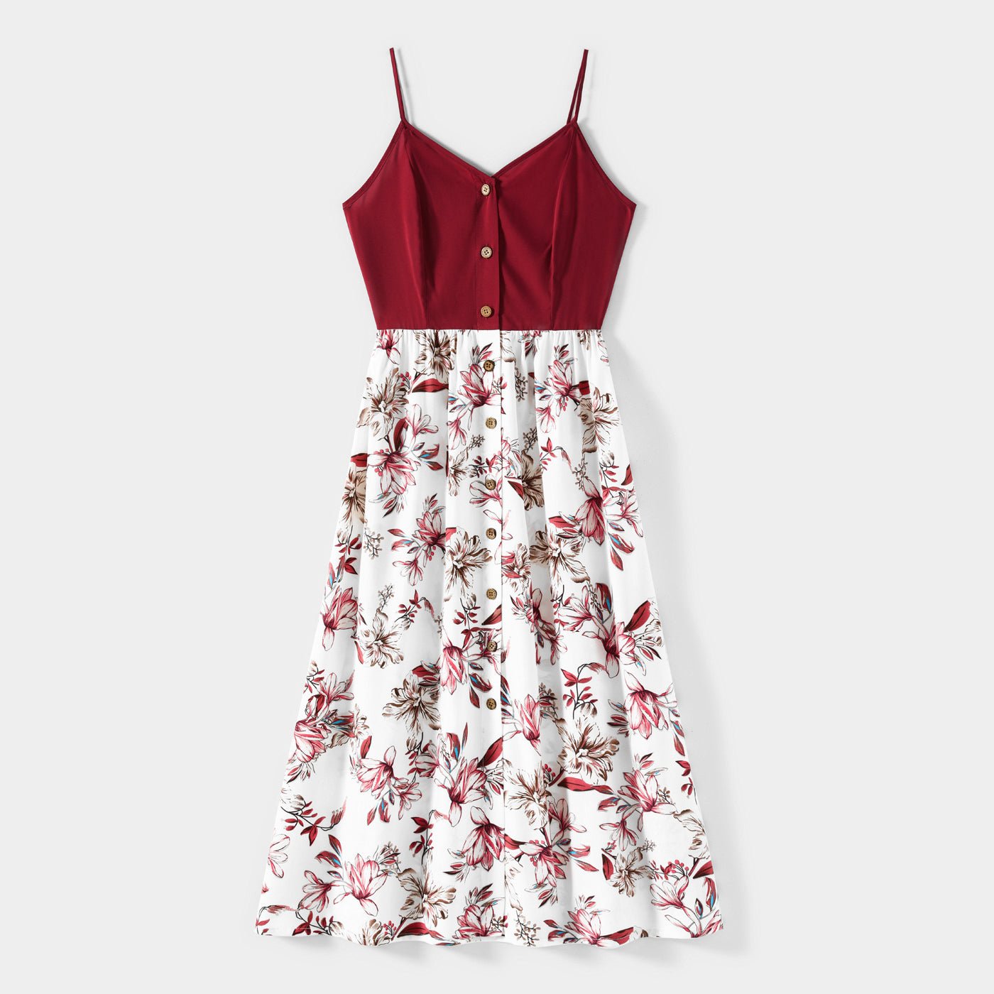 Family Matching Solid V Neck Button Up Spaghetti Strap Splicing Floral Print Dresses and Short-sleeve T-shirts Sets - 20330844