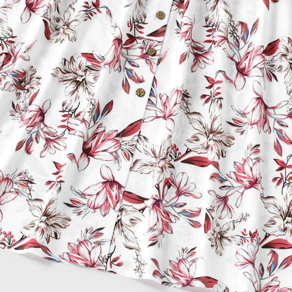 Family Matching Solid V Neck Button Up Spaghetti Strap Splicing Floral Print Dresses and Short-sleeve T-shirts Sets - 20330844