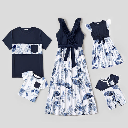 Family Matching Solid V Neck Ruffle Sleeveless Splicing Palm Leaf Print Dresses and Short-sleeve T-shirts Sets - 20284429