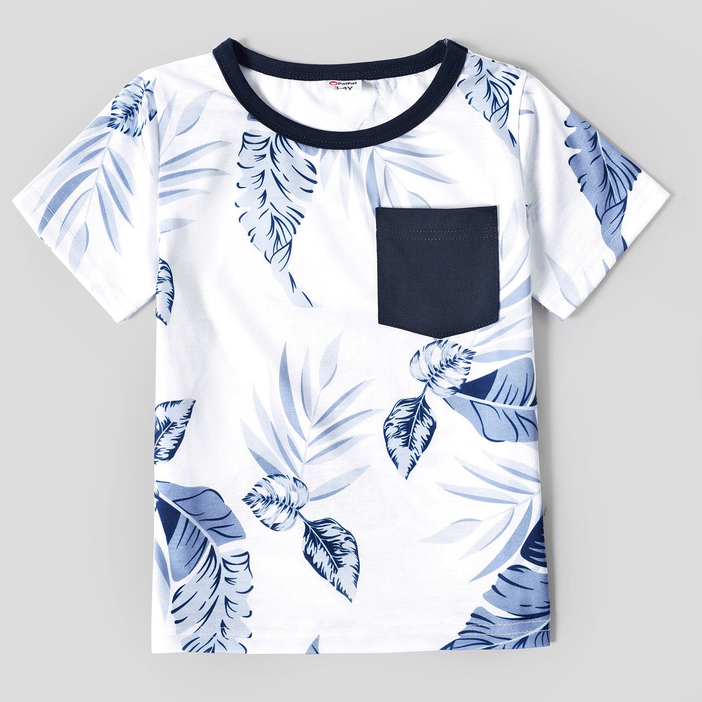 Family Matching Solid V Neck Ruffle Sleeveless Splicing Palm Leaf Print Dresses and Short-sleeve T-shirts Sets - 20284429