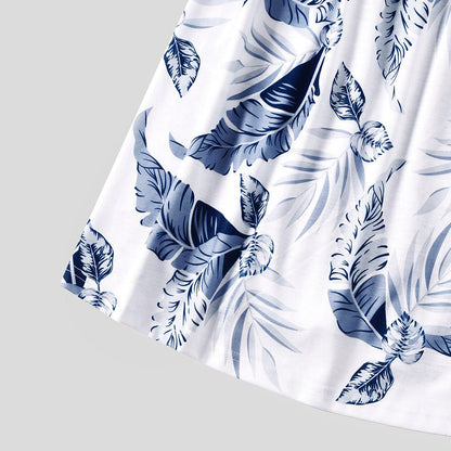 Family Matching Solid V Neck Ruffle Sleeveless Splicing Palm Leaf Print Dresses and Short-sleeve T-shirts Sets - 20284429