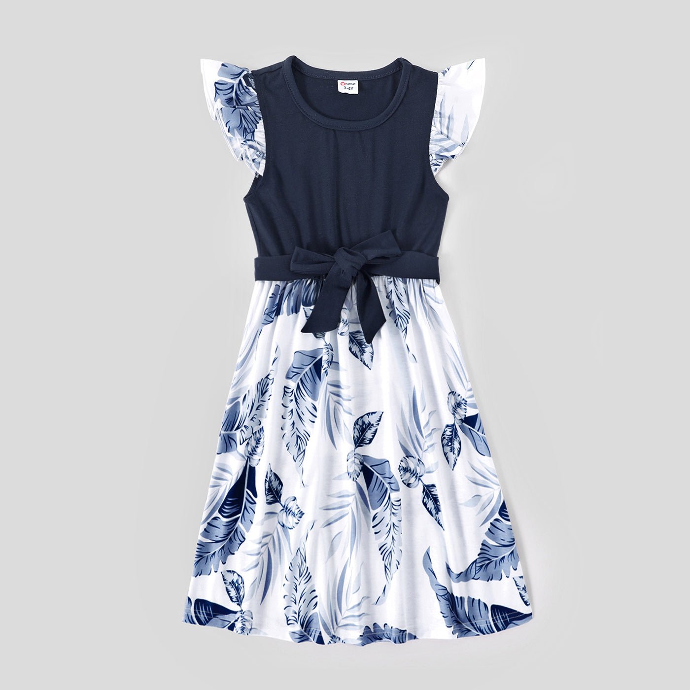 Family Matching Solid V Neck Ruffle Sleeveless Splicing Palm Leaf Print Dresses and Short-sleeve T-shirts Sets - 20284429