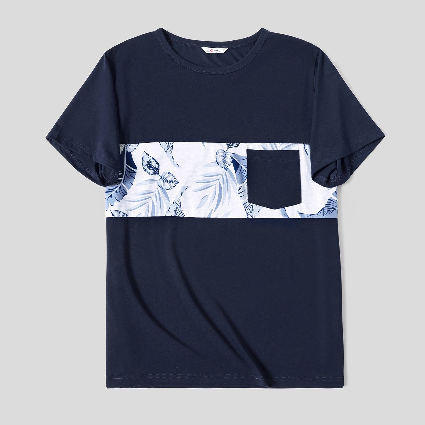 Family Matching Solid V Neck Ruffle Sleeveless Splicing Palm Leaf Print Dresses and Short-sleeve T-shirts Sets - 20284429