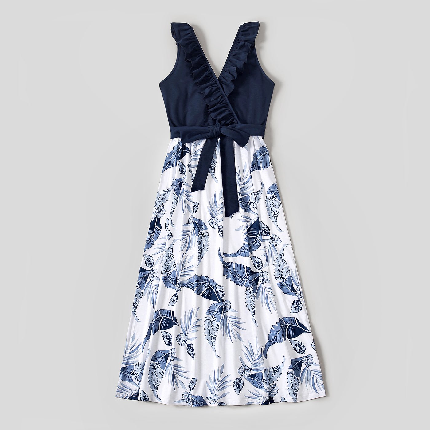 Family Matching Solid V Neck Ruffle Sleeveless Splicing Palm Leaf Print Dresses and Short-sleeve T-shirts Sets - 20284429