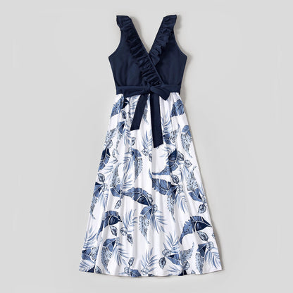 Family Matching Solid V Neck Ruffle Sleeveless Splicing Palm Leaf Print Dresses and Short-sleeve T-shirts Sets - 20284429