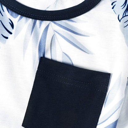 Family Matching Solid V Neck Ruffle Sleeveless Splicing Palm Leaf Print Dresses and Short-sleeve T-shirts Sets - 20284429