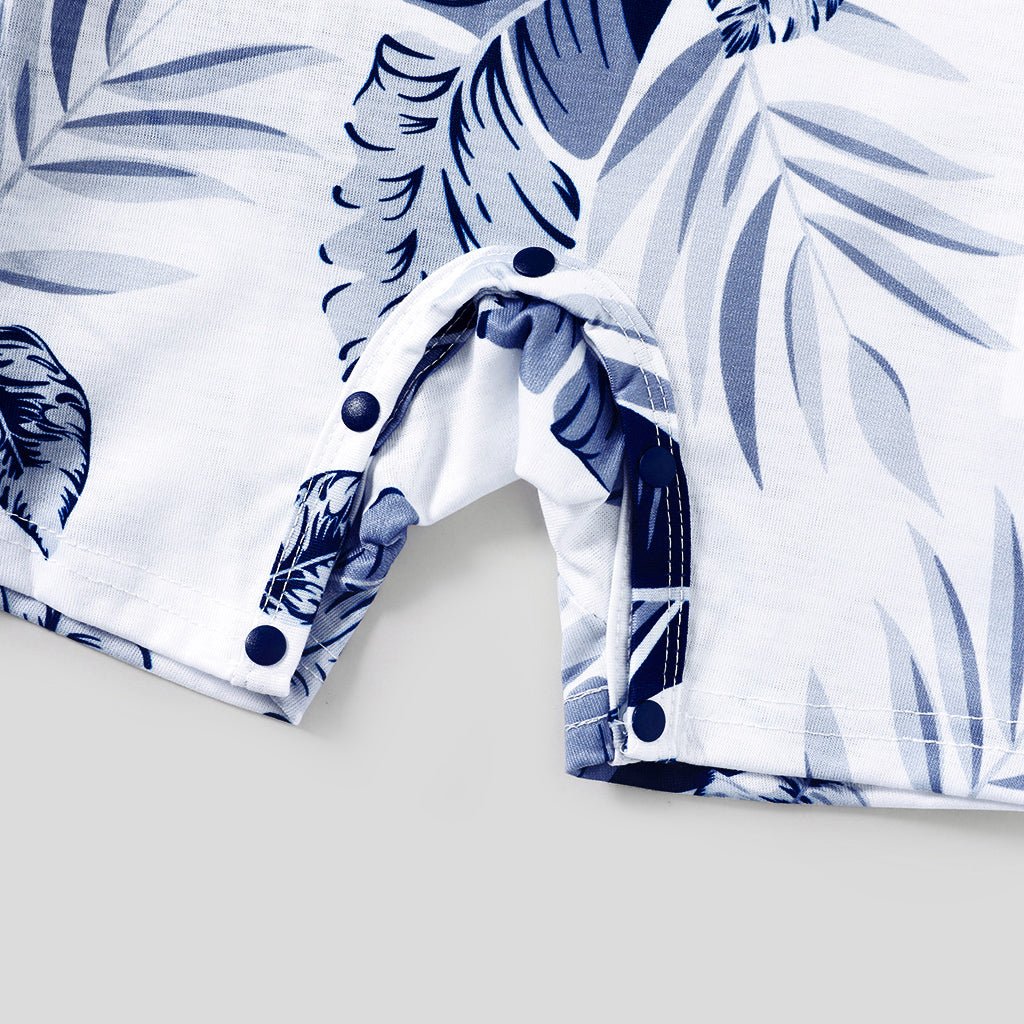 Family Matching Solid V Neck Ruffle Sleeveless Splicing Palm Leaf Print Dresses and Short-sleeve T-shirts Sets - 20284429