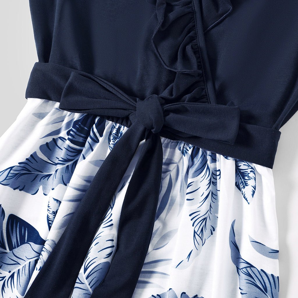 Family Matching Solid V Neck Ruffle Sleeveless Splicing Palm Leaf Print Dresses and Short-sleeve T-shirts Sets - 20284429