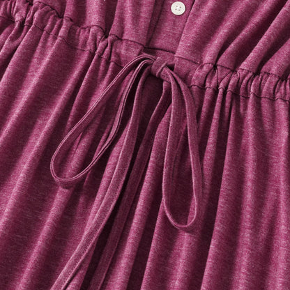 Family Matching Solid V Neck Sleeveless Button Up Drawstring Dresses and Striped Colorblock Short-sleeve T-shirts Sets - 20372558