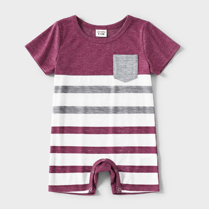 Family Matching Solid V Neck Sleeveless Button Up Drawstring Dresses and Striped Colorblock Short-sleeve T-shirts Sets - 20372558