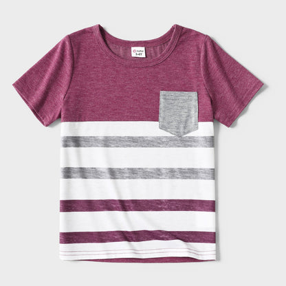 Family Matching Solid V Neck Sleeveless Button Up Drawstring Dresses and Striped Colorblock Short-sleeve T-shirts Sets - 20372558