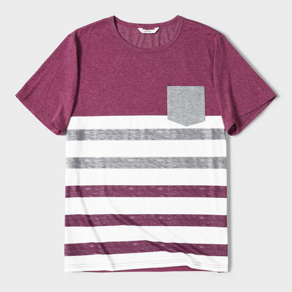 Family Matching Solid V Neck Sleeveless Button Up Drawstring Dresses and Striped Colorblock Short-sleeve T-shirts Sets - 20372558