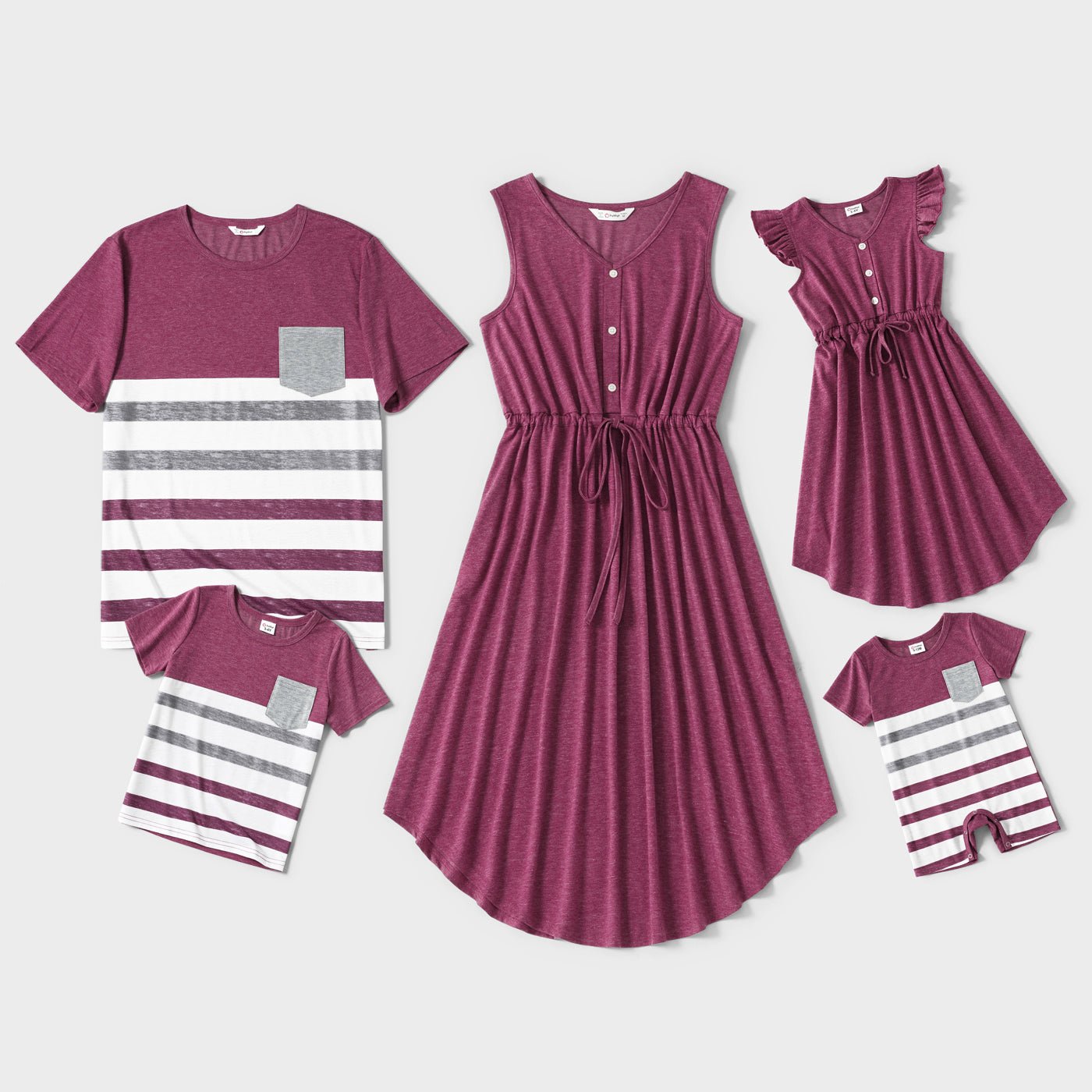 Family Matching Solid V Neck Sleeveless Button Up Drawstring Dresses and Striped Colorblock Short-sleeve T-shirts Sets - 20372558